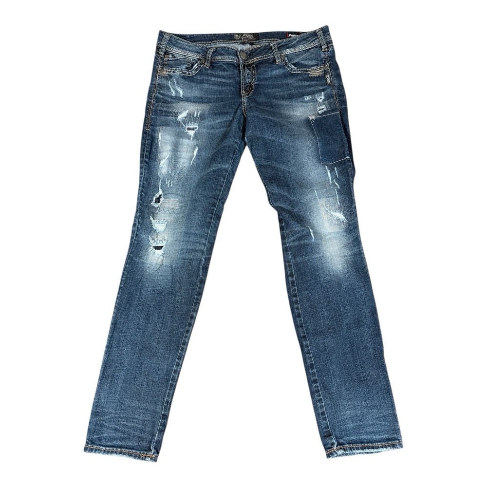 Womens Silver Jeans Co Aiko Mid Skinny Denim Blue Jeans‎ Size 33x31 Patches Y2K